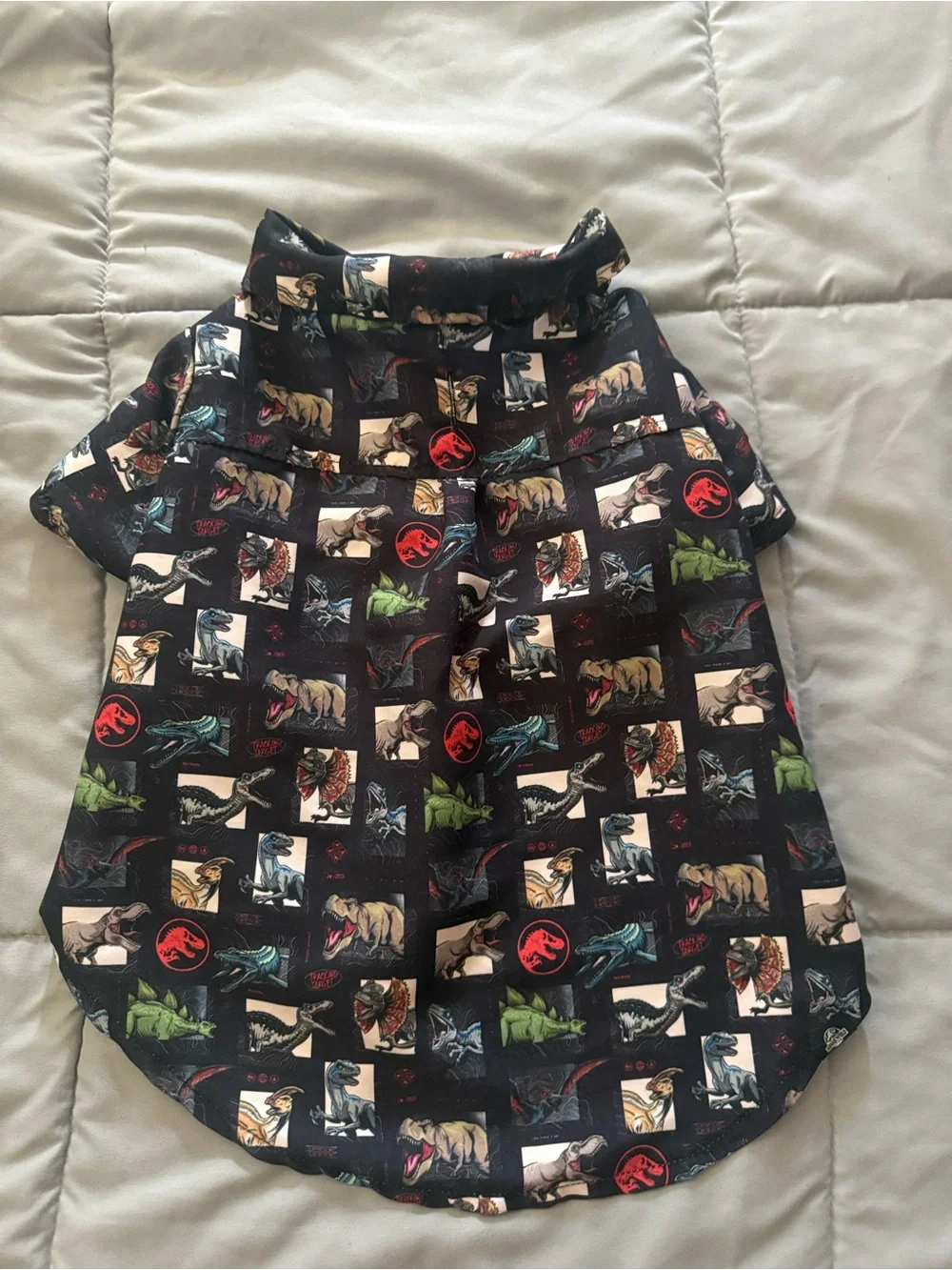 Universal Black Jurassic Dinosaur Print Dog Shirt with Red and Green Accents